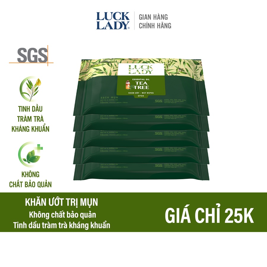 Khăn ướt ngừa mụn, mềm mịn da Luck Lady Tea Tree 10 tờ/gói - Combo 5 gói