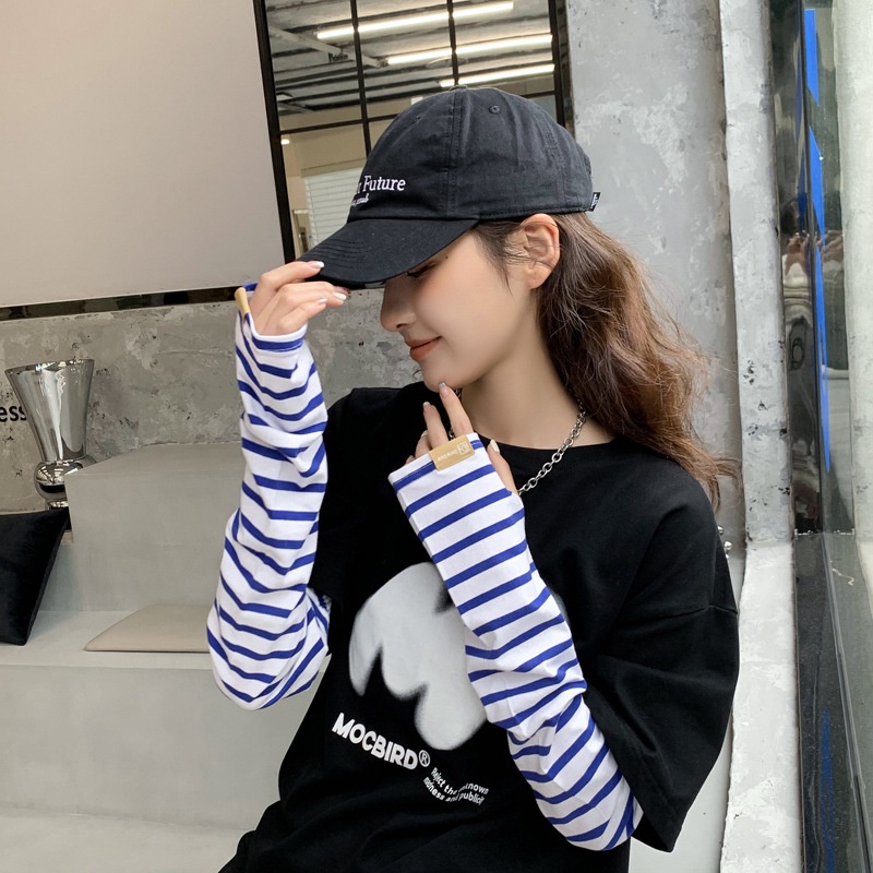 Găng Tay Dài Chống Nắng Bằng Cotton Thoáng Khí Họa Tiết Kẻ Sọc Chống Tia Cực Tím