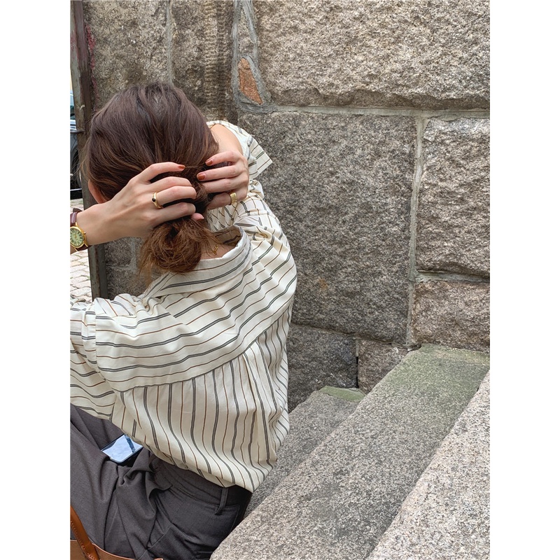 Áo Sơ Mi Tay Dài Dáng Rộng Họa Tiết Kẻ Sọc Phong Cách Hàn Quốc Thời Trang Cho Nữ