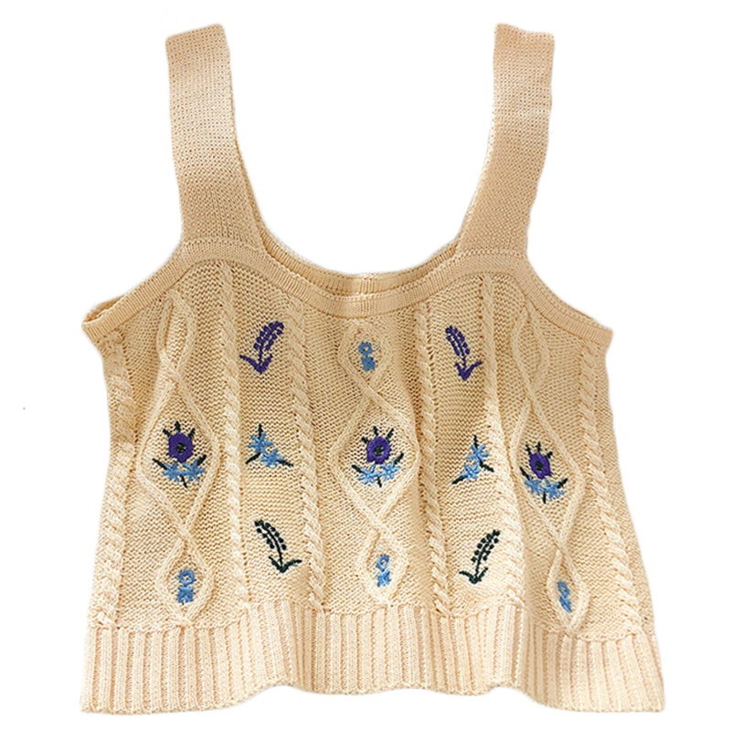 Áo Croptop Dệt Kim Không Tay Thêu Hoa Màu Sắc Ngọt Ngào Phong Cách Hàn Quốc Cho Nữ