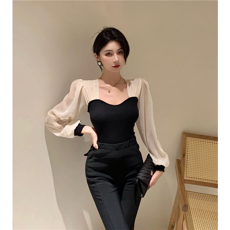 Áo Sơ Mi Dài Tay Cổ Vuông Phong Cách Pháp Cho Nữ