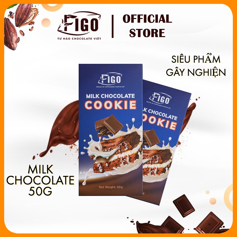 [2 HỘP 50GR] Milk Chocolate 50% Cacao Socola nhân Bánh Cookie Figo thanh 50gr, ĂN LÀ NGHIỀN, Cam kết chất lượng