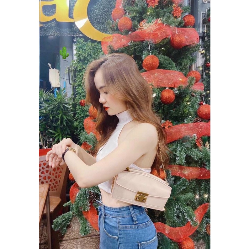 Áo croptop thun gân cổ lọ hở lưng sát tay full pc