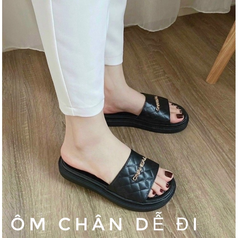 Dép lê nữ thời trang quai ngang kiểu dáng đế bánh mì 3cm quai da mềm quai ô trần chỉ đẹp