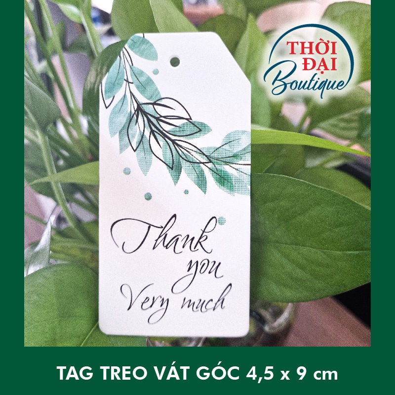 100 Tag / Thẻ Treo Giấy Thank You Lá Xanh Thanh Lịch Vát Góc (4.5 x 9cm)