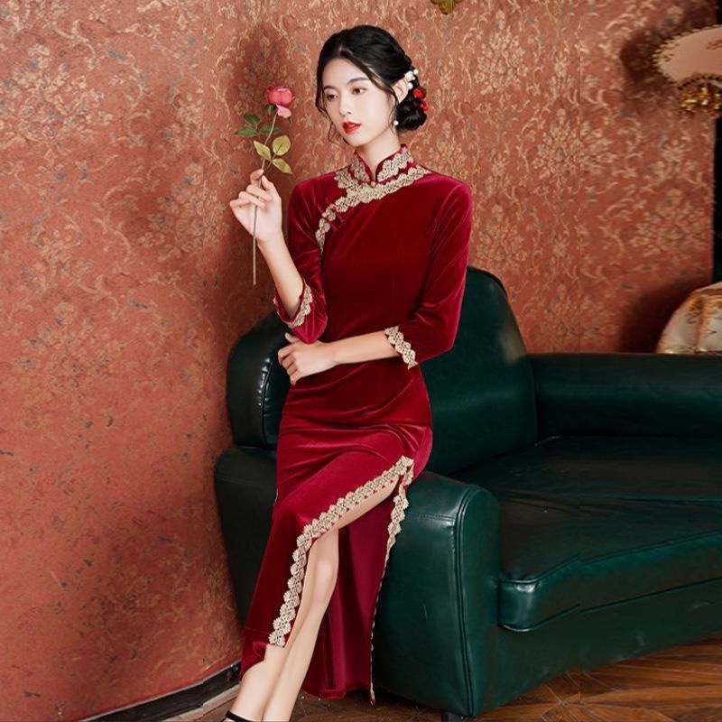 Sườn Xám Cách Tân Vải Nhung Màu Đen Phong Cách Retro Trung Hoa 2022