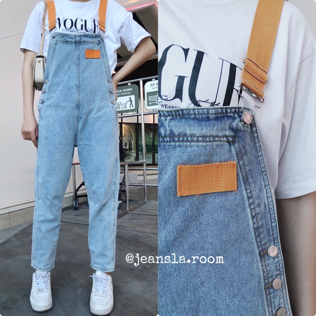 [#YJL1] Yếm Jeans JEANSLA Xanh nhạt Form rộng dây quai cam