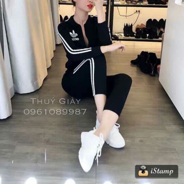 Bộ nỉ bông nữ chạy sọc adidas