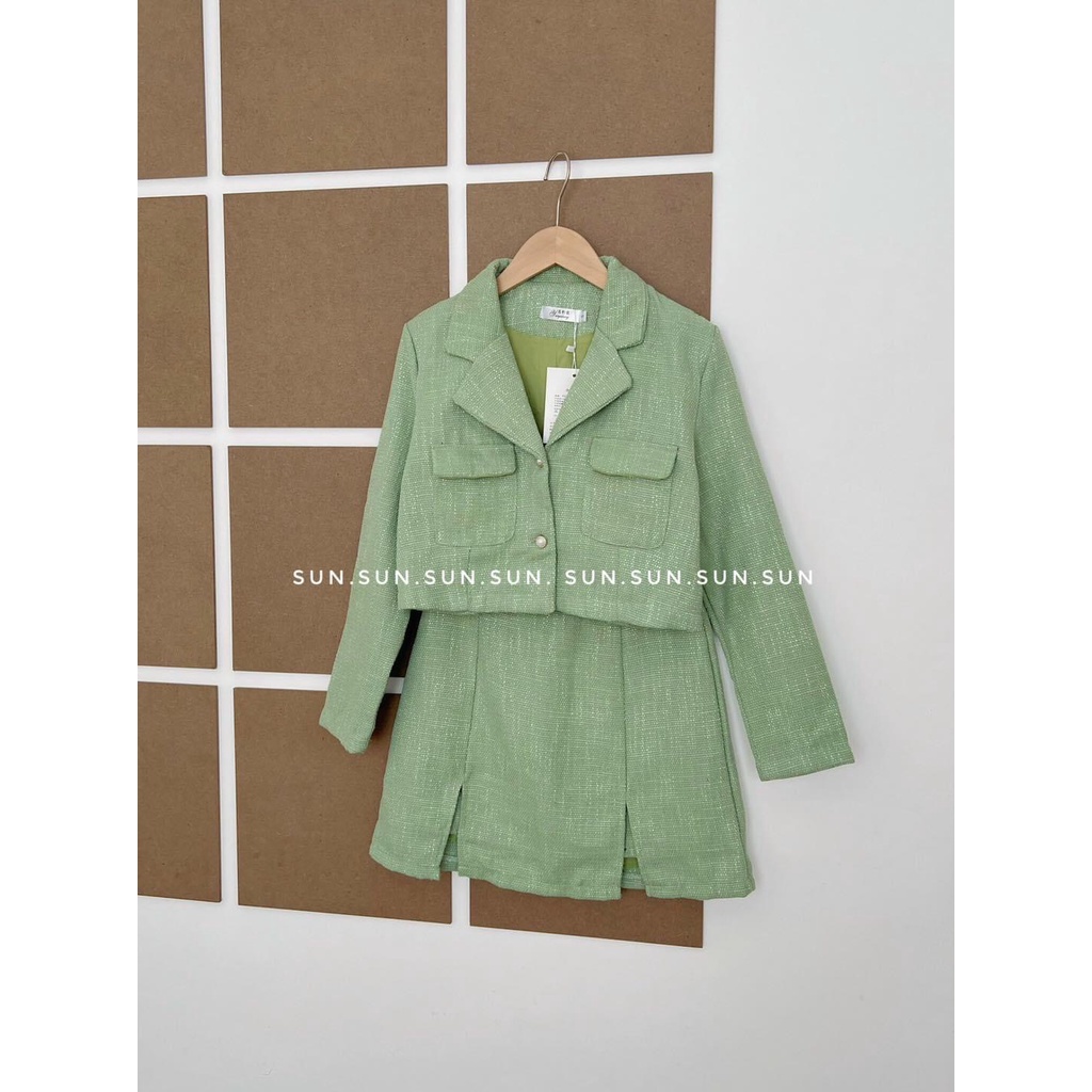 Set váy nữ áo cổ vest dáng croptop mix váy lót quần chất linen xịn thời trangI Trần hân Shop 4012422