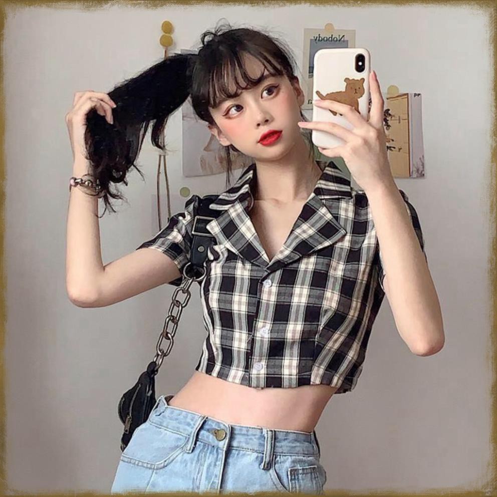 (Hot 2020)   Áo Sơ Mi Croptop Tay Ngắn Kẻ Sọc Caro Thời Trang Cho Nữ - Croptop Caro Kẻ Tím Đen Đỏ Hồng Vàng Xanh . *