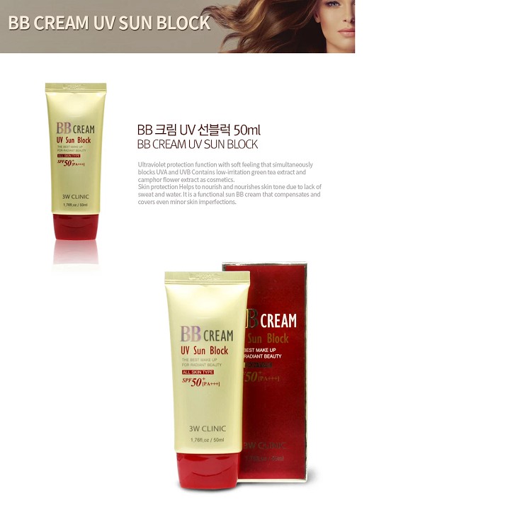 Kem nền trang điểm che khuyết điểm chống nắng BB Cream UV Sun Block 3W Clinic Hàn Quốc 50ml | BigBuy360 - bigbuy360.vn