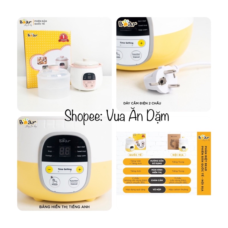 [BẢN QUỐC TẾ - BH 18 THÁNG] Nồi nấu cháo kèm Xửng hấp cách thuỷ 2in1 BEAR