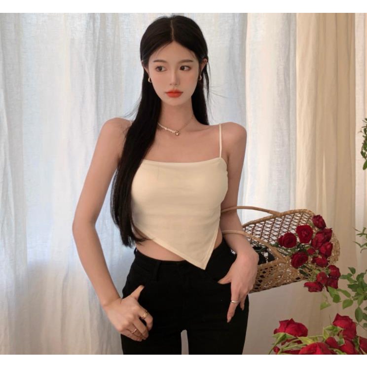 Áo Hai Dây Có Mút Đệm Ngực Ngắn Thiết Kế Không Đồng Đều Thời Trang