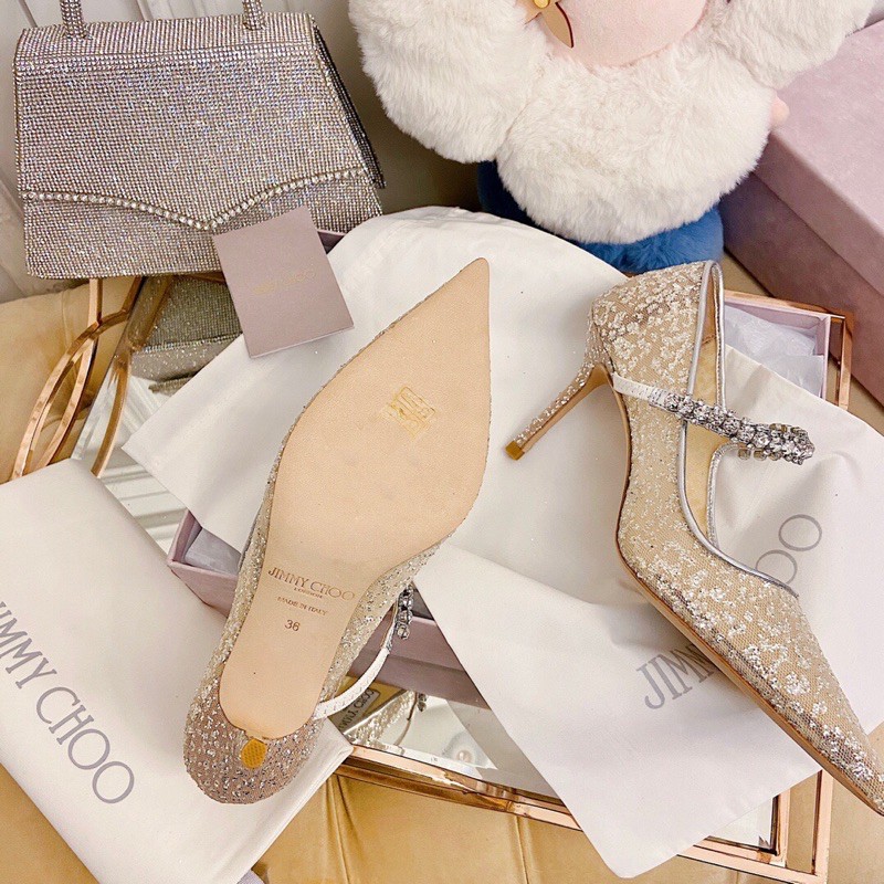 Giày cao gót mũi nhọn 8.5cm Jimmy Choo 2021 da thật cao cấp thiết kế có quai