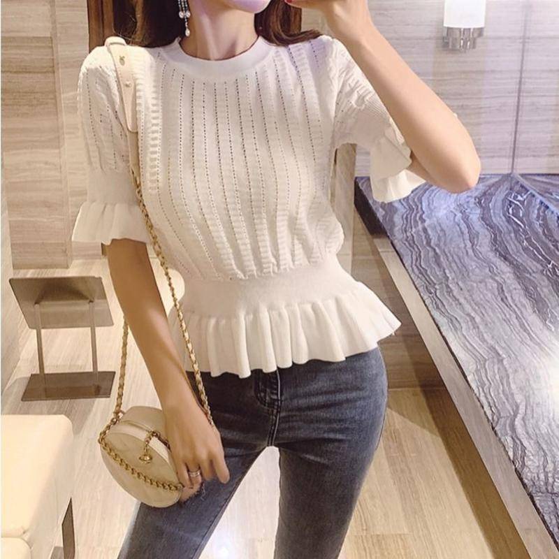 Áo Dệt Kim Tay Ngắn Dáng Ôm Thiết Kế Khoét Lỗ Thời Trang Quyến Rũ Cho Nữ