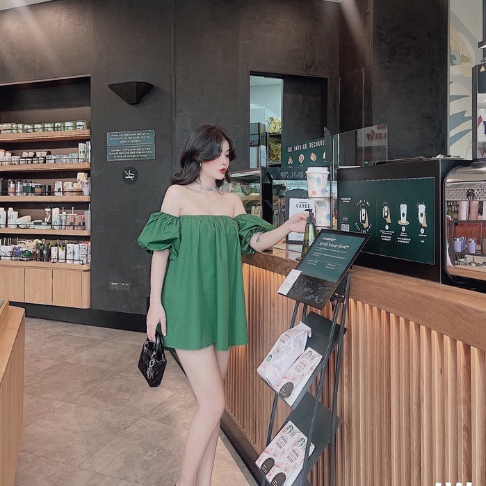 Áo trễ vai tay bồng xinh xắn đầm suông nữ dáng xòe nhiều màu LD546