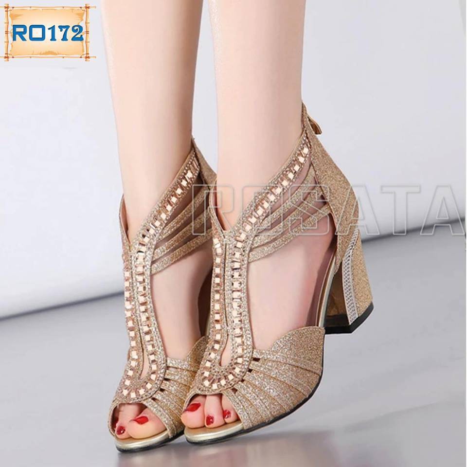Sandal Ai Cập nữ phối kim tuyến cao cấp ROSATA RO172 5p gót vuông - Vàng đồng - HÀNG VIỆT NAM - BKSTORE
