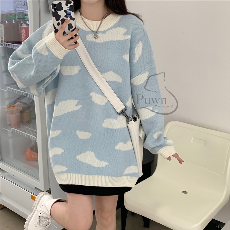 Áo len Sweater Xanh bầu trời mây trắng Puwn Shop