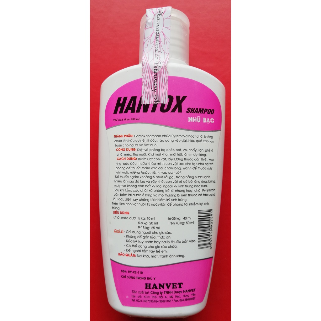 1 lọ Sữa Tắm Trị Ve Rận Bọ Chét An Toàn Với Chó Con Và Mèo Con Hantox Shampoo Hồng Nhũ Bạc 200ml