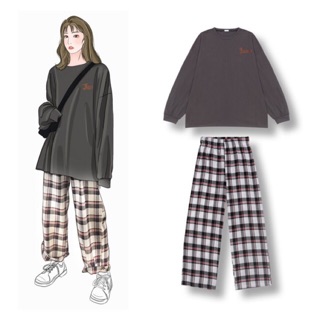 [ORDER TAOBAO] Sét áo sweater thun hàn quốc + quần dài caro ống rộng (Sẳn Quần)