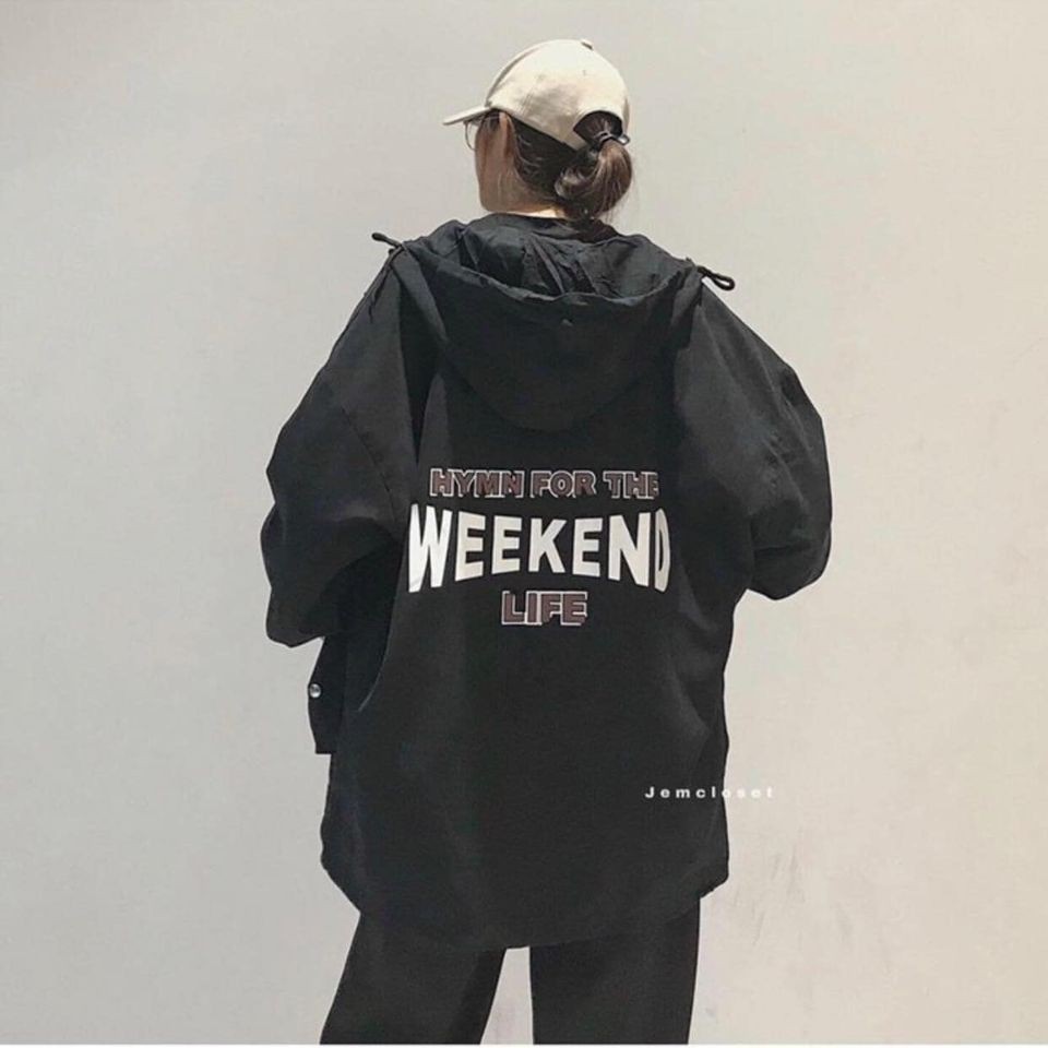 Áo Khoác Gió WEEKEND 2 màu Trắng/Đen Có Mũ Unisex Dáng Rộng xưởng sỉ nguyễn hoa