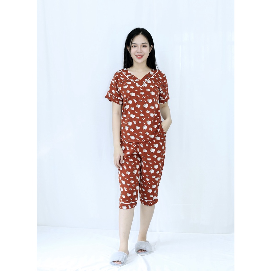 Bộ đồ Pijama nữ lửng MÀU NÂU CHẤM KHỐI TRẮNG - CỰC XINH  - vải lụa cao cấp - Cực Kì Sang Chảnh