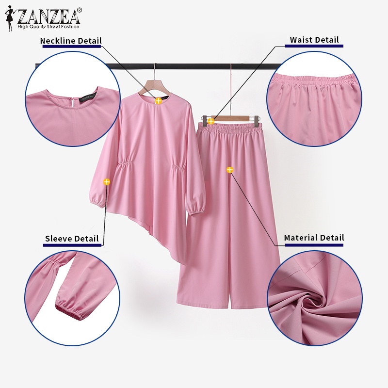 Zanzea Bộ Áo Tay Phồng Màu Trơn Phối Quần Dài Ống Rộng Lưng Thun Thời Trang Cho Nữ