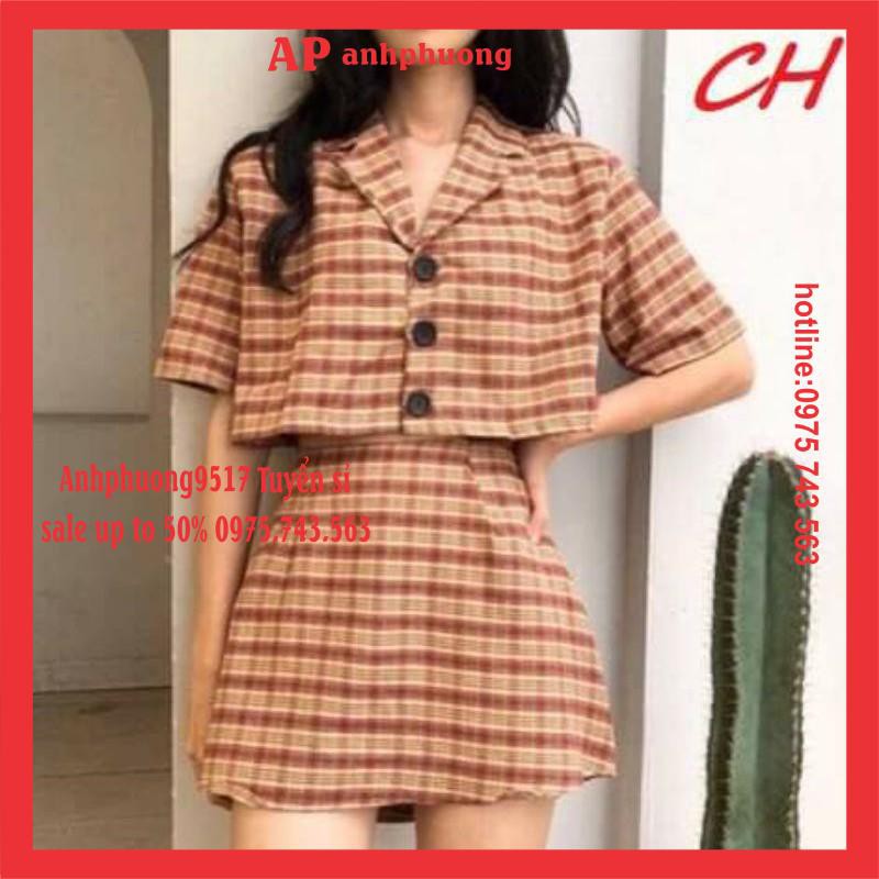 [Free Ship] SET VÁY CHÂN VÁY KẺ 🎀SÉT ÁO VEST CROPTOP MIX CHÂN VÁY KẺ VINTAGE♥️ BỘ NỮ MẶC NHÀ PHONG CÁCH HÀN QUỐC