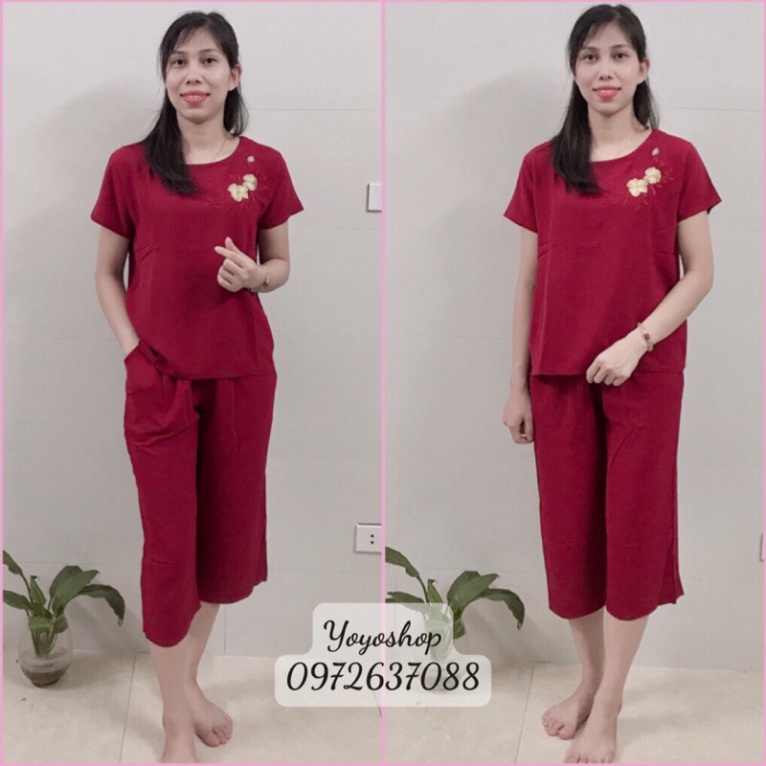 Bộ Đũi Tơ tay bó ngắn quần soóc cho Bà Cho Mẹ - Bộ mặc trong nhà hoa lá Thêu Cho người trưởng thành tuổi