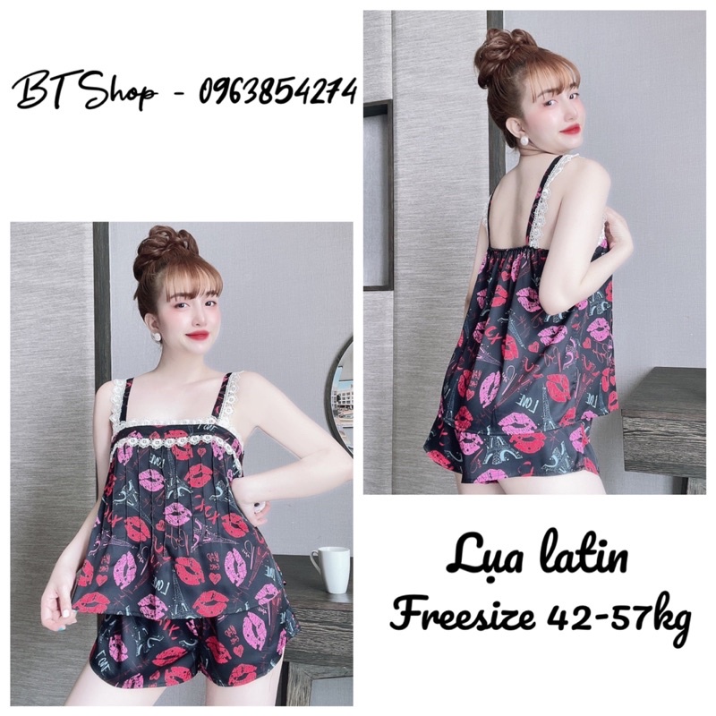 Đồ bộ ngủ mặc nhà lụa latin hoạ tiết phối ren quần đùi freesize 42-57kg