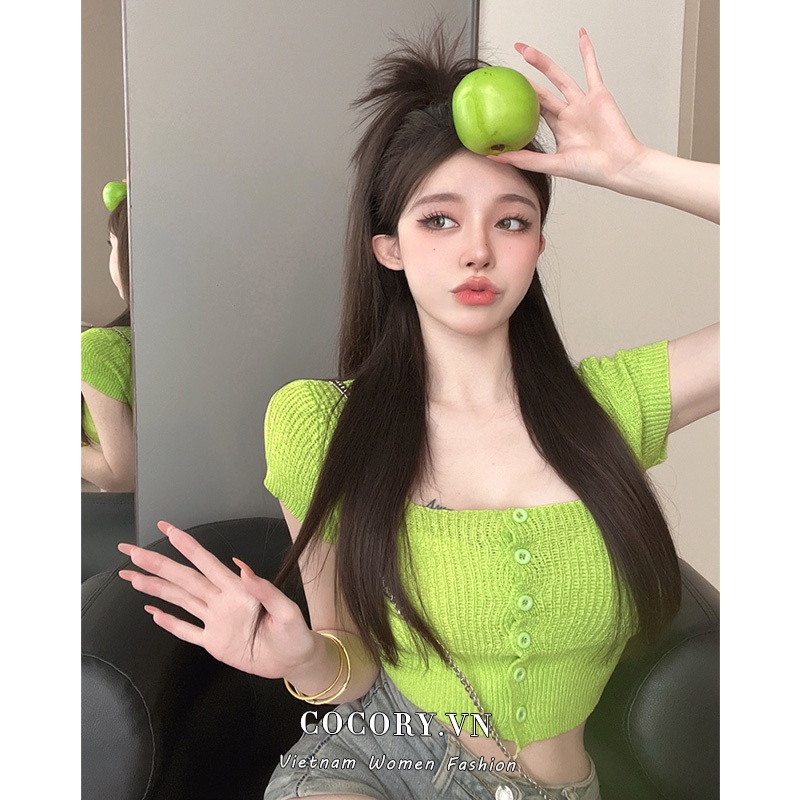 Cocory vn Áo Croptop Dệt Kim Tay Ngắn Cổ Vuông Phong Cách Hàn Quốc Quyến Rũ Cho Nữ