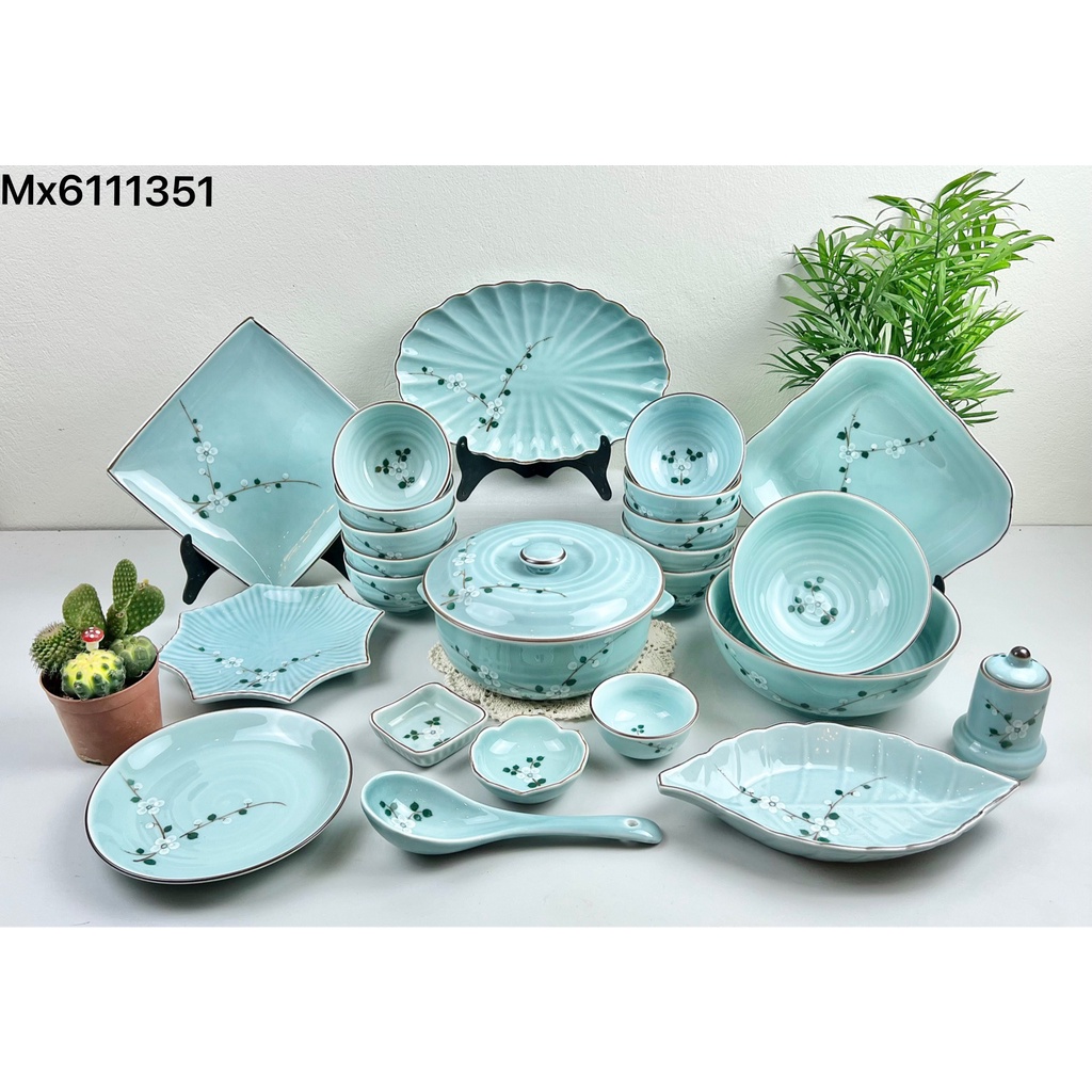 Bộ bát đĩa ăn cơm, bộ đĩa men lam ngọc gốm sứ Bát Tràng cao cấp, vẽ hoa đào trắng nhiều mẫu lựa chọn