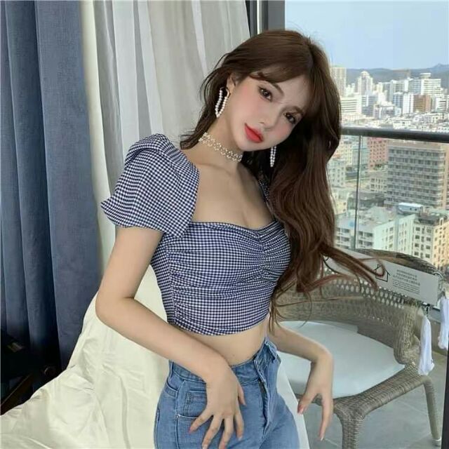 Áo Croptop Tay Ngắn Cổ Vuông Sọc Caro