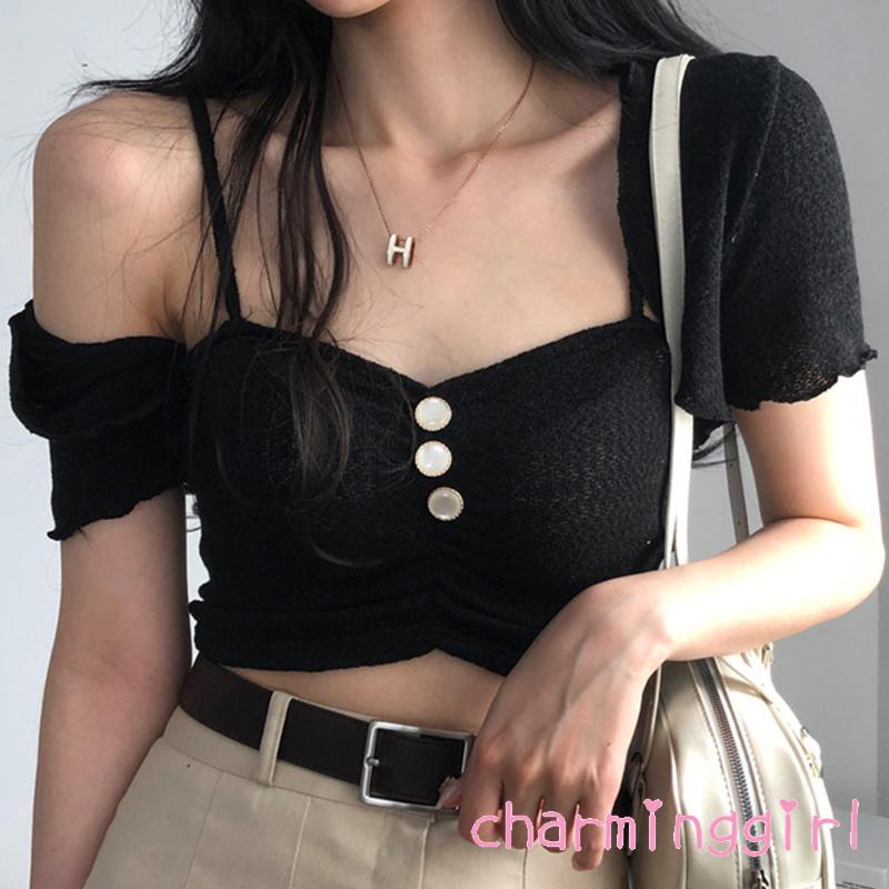 Set Áo Croptop Hai Dây + Áo Khoác Tay Ngắn Màu Trơn Phối Nút Thời Trang Cho Nữ