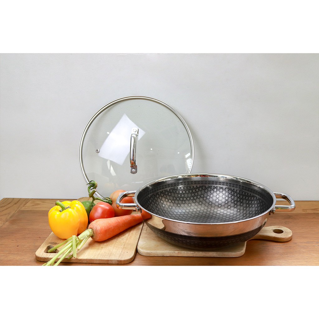 Chảo chống dính 2 mặt sâu lòng inox 304 Kimscook Blackcube 3 lớp đúc liền dòng Noon Song size 30cm, 32cm tặng 1 sạn inox