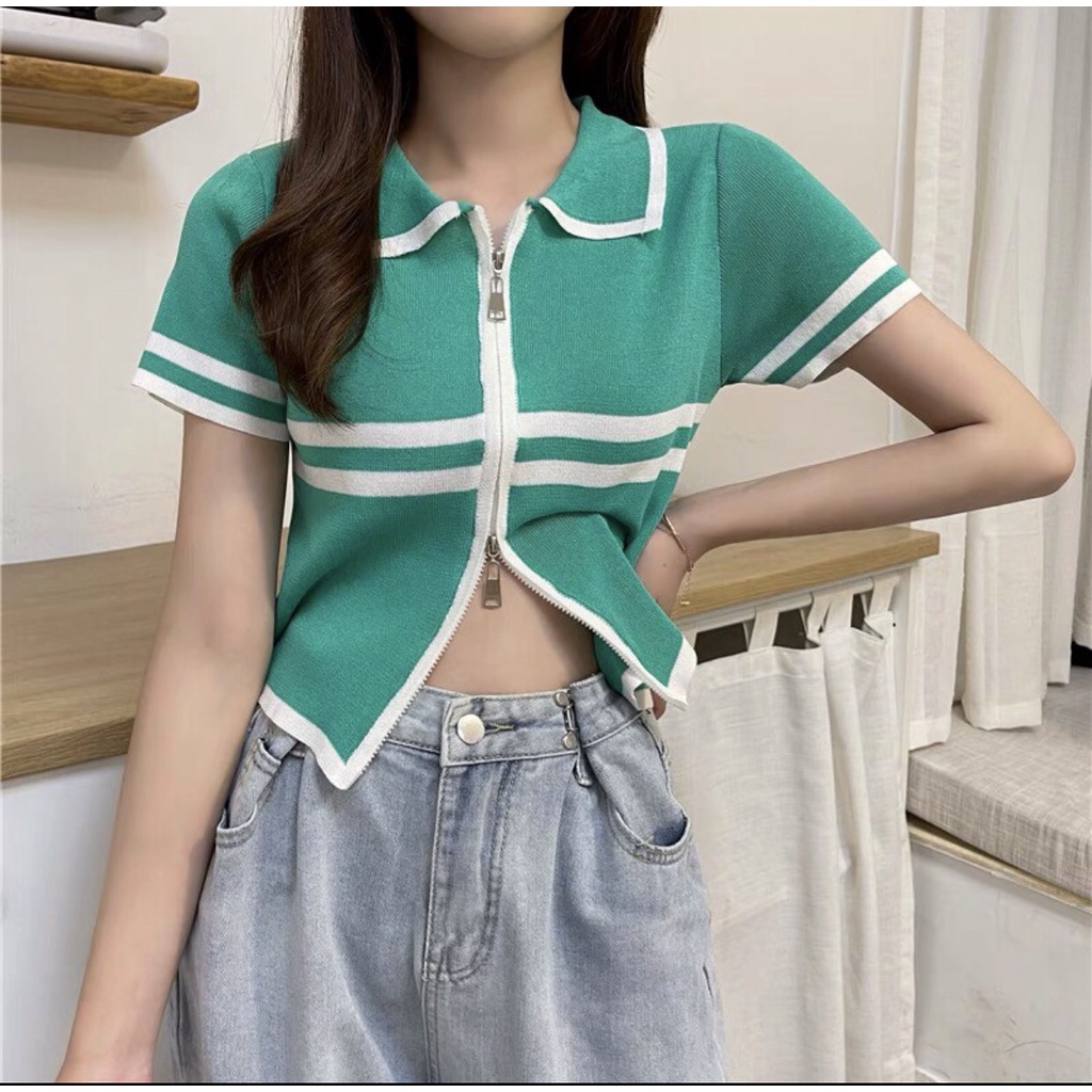 Áo polo croptop phối hoạ tiết kẻ kéo khoá kiểu ulzzang freesize