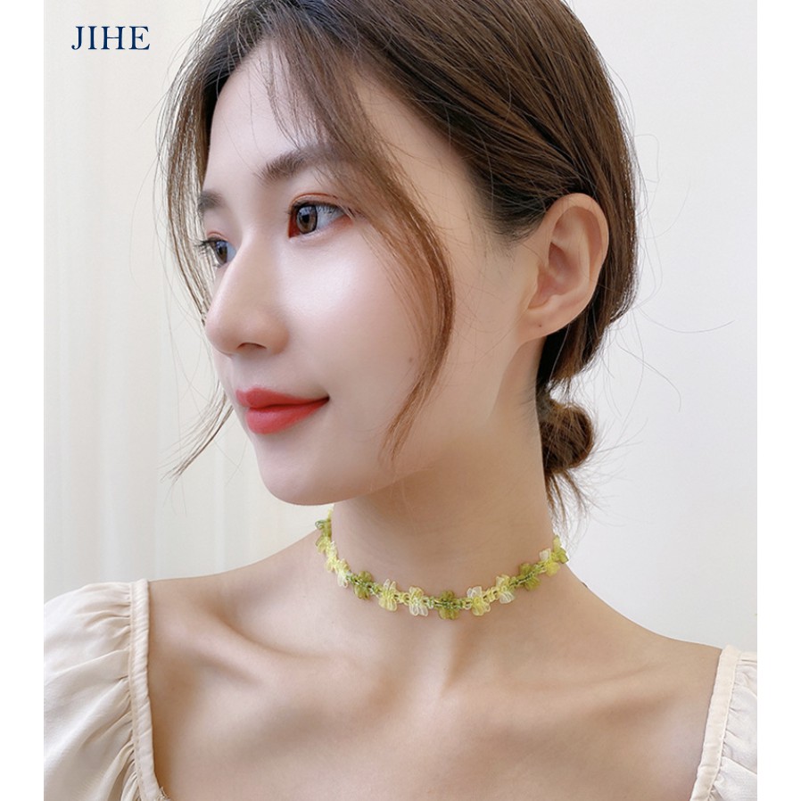 【JIHE】Vòng cổ choker dệt màu xanh lá cây phối ren