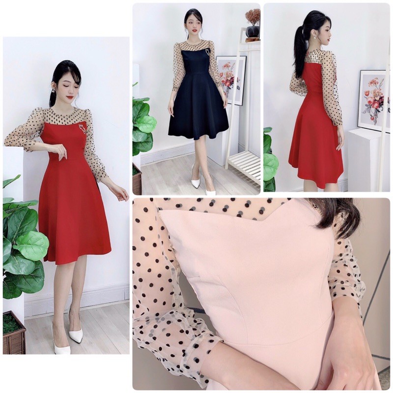 Đầm xoè chất Umi Hàn cao cấp phối voan chấm bi