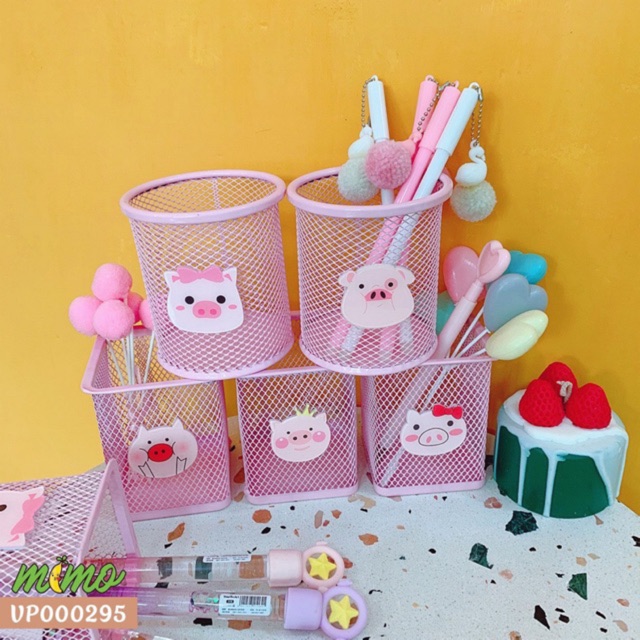 Giỏ đựng bút bằng sắt sơn tĩnh điện, ống đựng đồ dùng văn phòng phẩm cute siêu xinh heo hồng