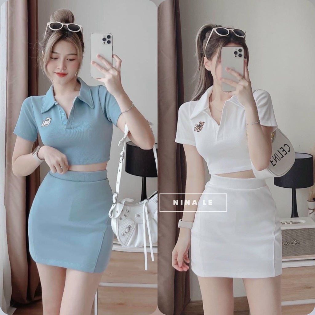 Sét bộ đồ áo cổ trụ họa tiết 2 màu thêu gấu siêu xinh kèm chân váy ( có lót ) tôn dáng dạo phố,đi chơi dự tiệc