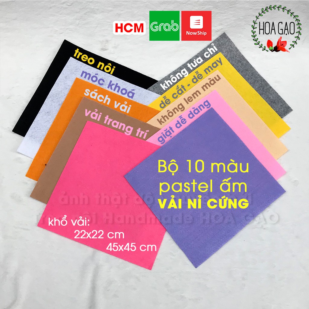 Combo 10 màu vải nỉ cứng pastel ấm HOA GẠO GNCBB vải dạ cứng nguyên liệu làm treo nôi chất lượng cao freeship xtra