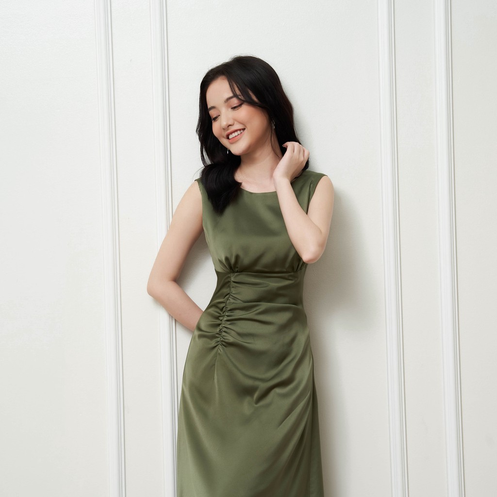 Váy công sở liền dáng dài, đầm lụa trơn sát nách cổ tròn Hàn Quốc (2 bản ngắn-dài phù hợp) Elegant L.VA0-01 - jisilk | BigBuy360 - bigbuy360.vn