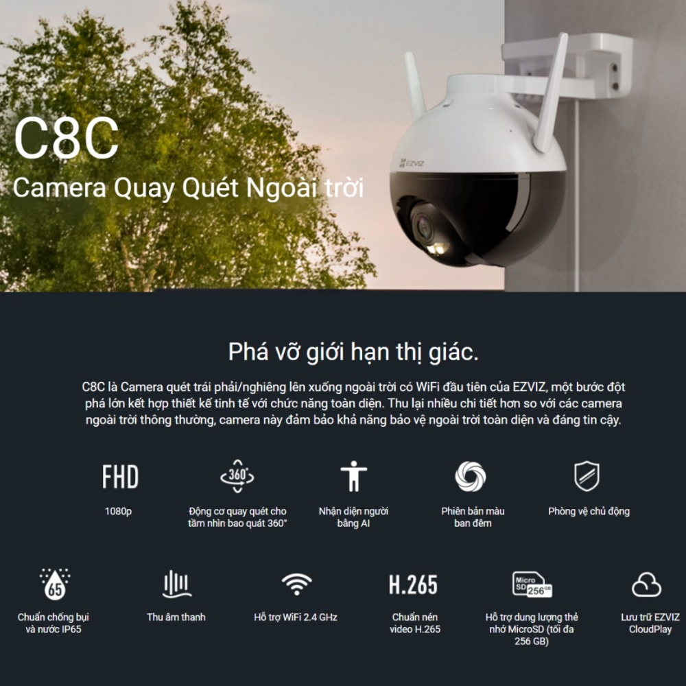 Camera 360 ngoài trời Ezviz C8W 2K C8C C8PF 1080P wifi không dây có màu ban đêm chính hãng