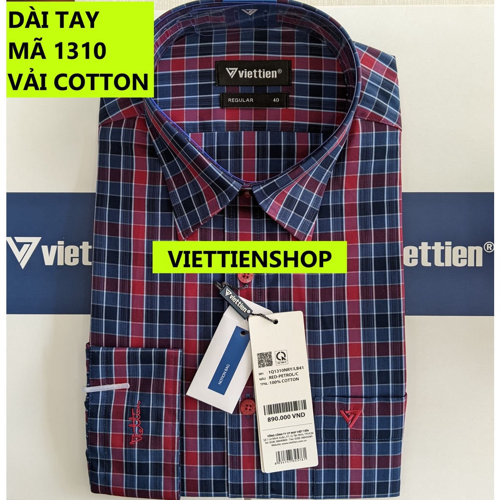 (1310 CRL) ÁO SƠ MI VIỆT TIẾN DÀI TAY VẢI 100% COTTON CA RÔ