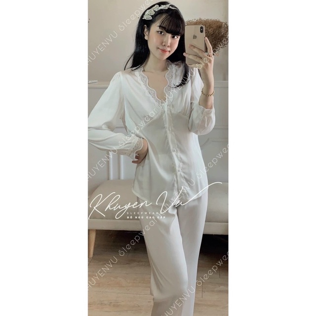 [Siêu hot] Đồ bộ pijama mặc nhà LỤA LATIN cổ V đắp ren tay dài phồng cao cấp chuẩn QCCC