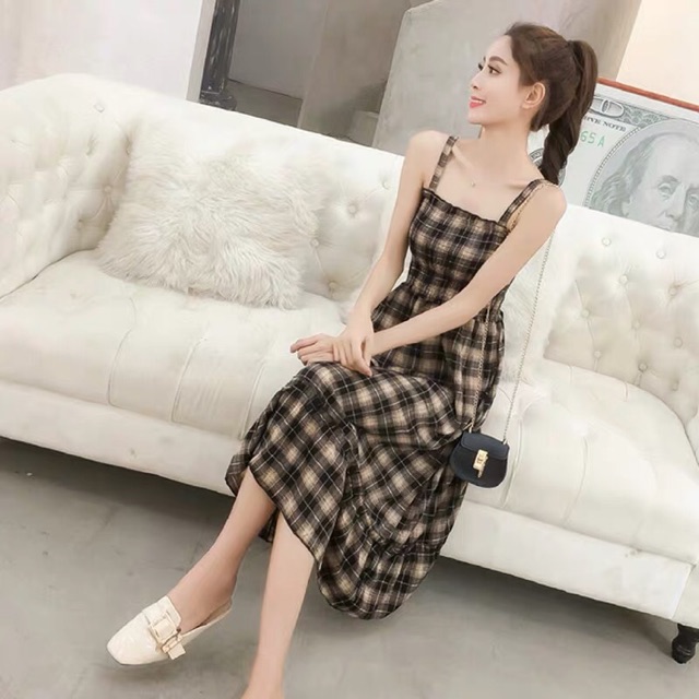 (Hàng order 7-10 ngày) váy dây maxi kẻ karo Hàn Quốc đẹp