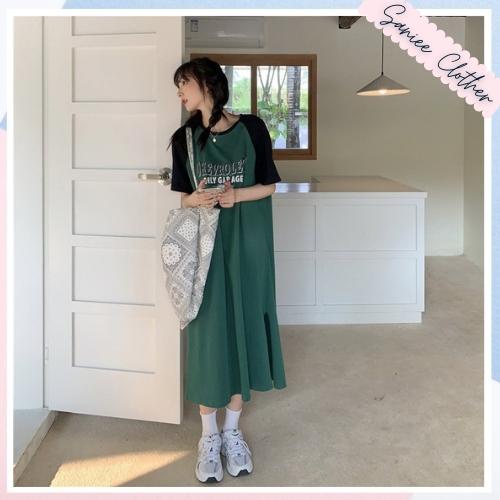 Váy thun nữ dáng suông cổ tròn ulzzang đầm xuông nữ form rộng tay lỡ phối màu thoáng mát năng động Saniee Clother