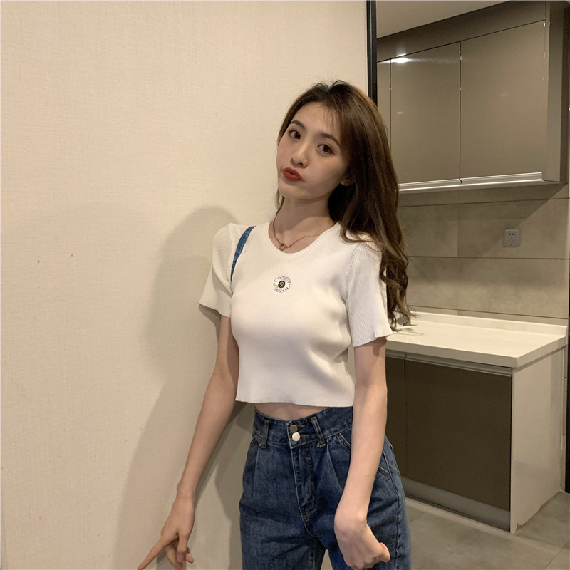 Women's Fashion Slim Floral Embroidery Round Neck Crop Top Short Sleeve Korean Casual T-shirt