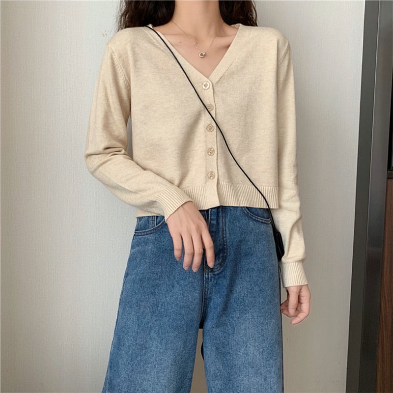 Áo khoác cardigan YEYA dài tay cổ chữ v màu sắc đơn giản phong cách hàn quốc