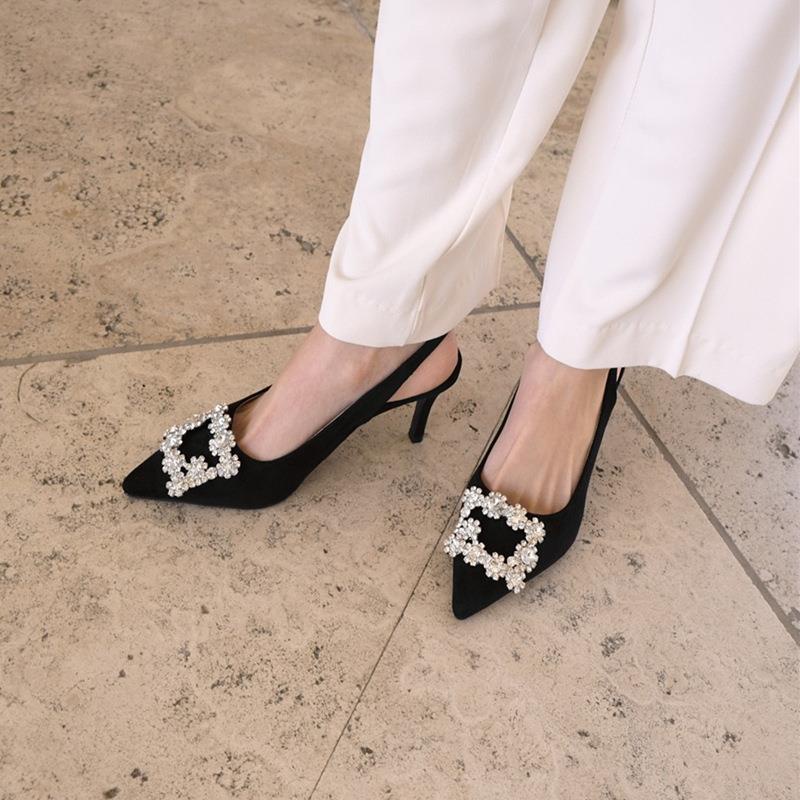 Giày cao gót mũi nhọn hở ngón đính đá thời trang mùa thu phong cách Hàn Quốc dành cho nữ